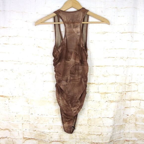 Y2K Bodysuit Women M Brown Jean Pocket Trompe Loeil Mesh Sheer Ruched V-neck VTG - Picture 12 of 15